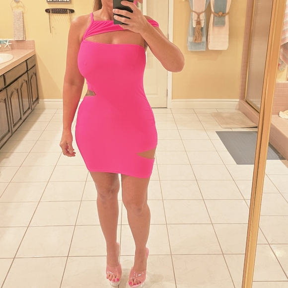 Pink One-Shoulder Cutout Neon Rocker Halloween Costume Starter Dress - Picture 7 of 14